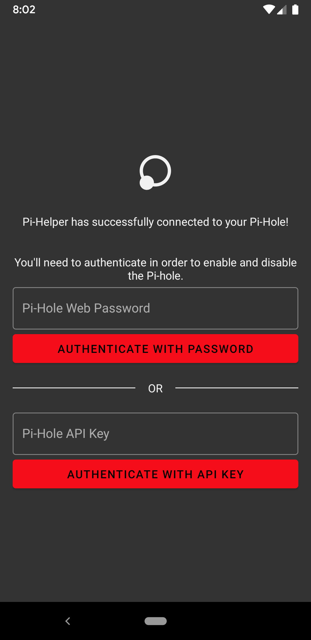 A screenshot of the Android app for Pi Helper where the user is prompted to either authenticate via password or API key.